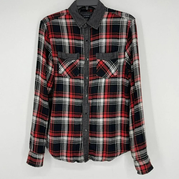 Guess Shirt Men's Sz XS Red Black Plaid Snap Front Pockets Button Up Long Sleeve - Picture 1 of 8